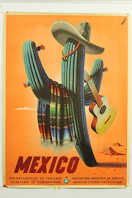 Mexico Cactus Guitar Original Vintage Travel Poster