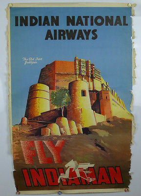 India Fly Indiaman Old Fort Jodhpur Original Vintage Travel Poster 1940s Amar De