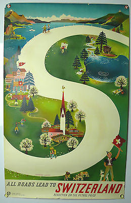 All Roads Lead To Switzerland Original Vintage Travel Poster 1940s Leupin